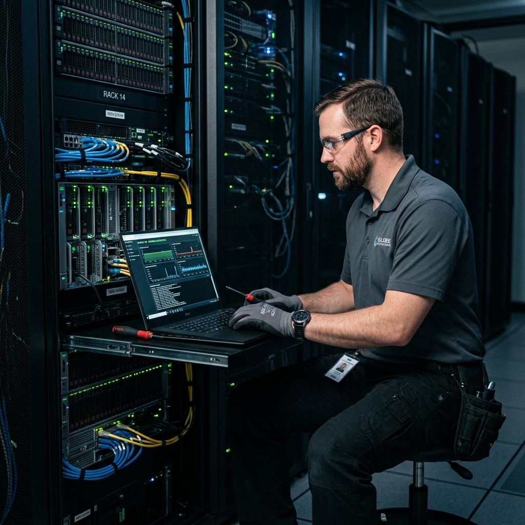 Technician checking server hardware