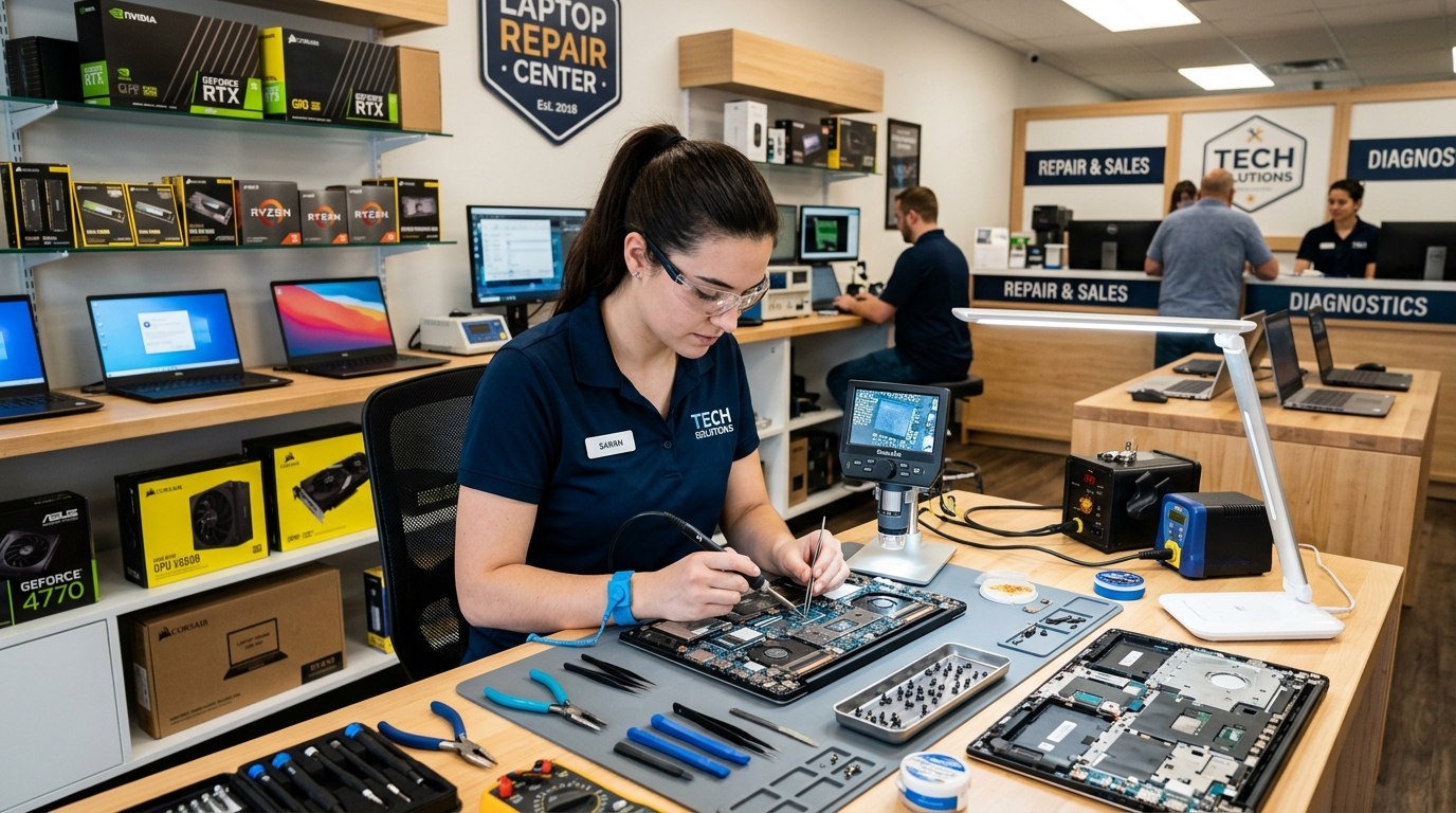 Professional IT technician performing PC hardware repair and sales